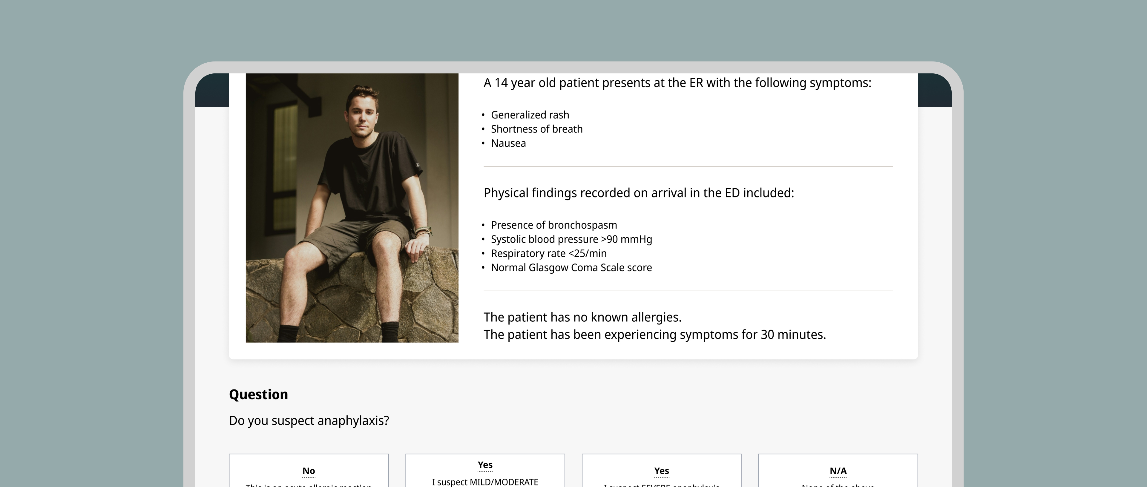 A question from the quiz that describes a hypothetical patient and asks the HCP is they suspect anaphylaxis