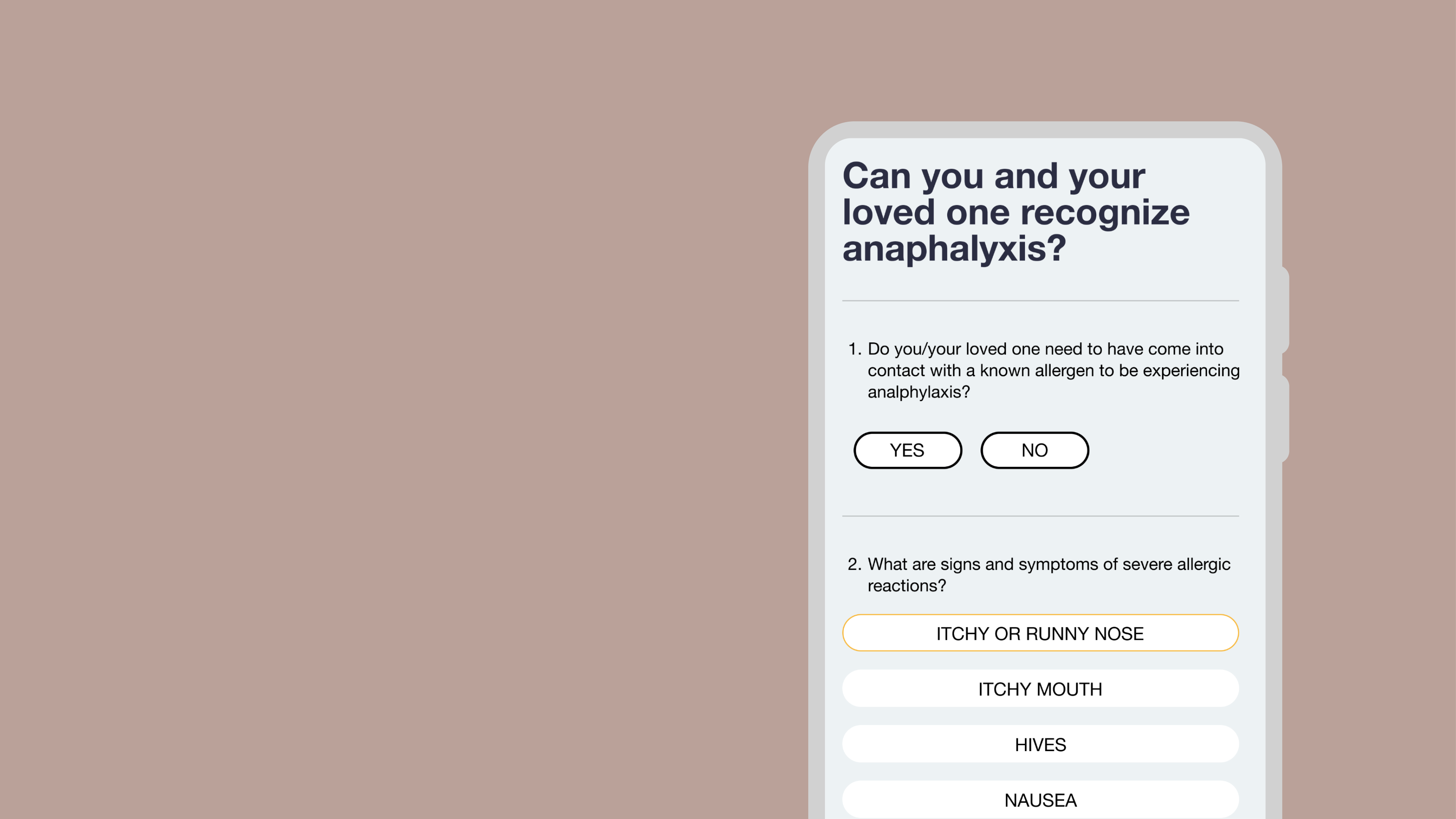 A mobile devices showing the Epiguard gamified allergy management learning experience