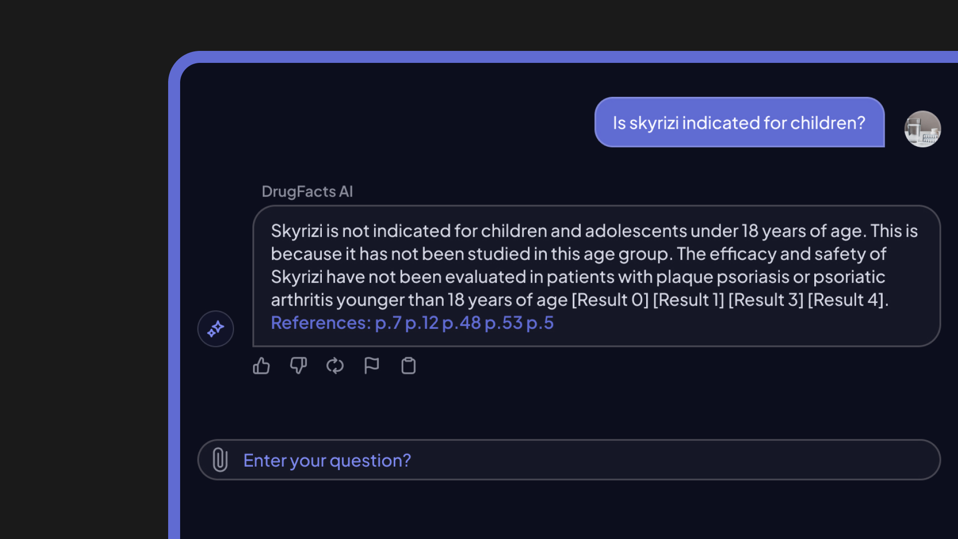 Detail of the Monographer desktop interface showing a user interaction with the AI; the AI replies to the prompt with an answer backed with references to the PDF pages on which it found the relevant information.