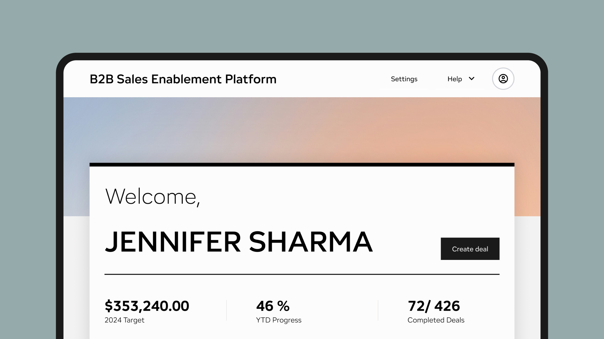 Desktop device on the sales platform welcome screen showing a sales progress Dashboard